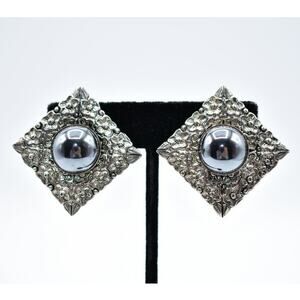 Tulla Booth Vintage Cabochon Clip On Earrings Modernist Gunmetal Signed Bin1